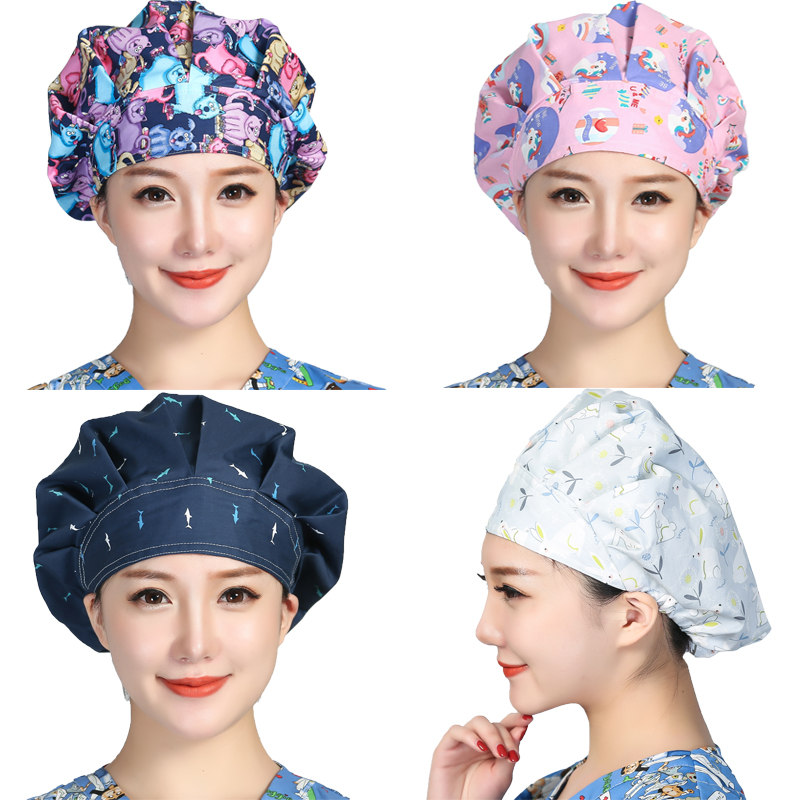 Women'S Work Accessories - Bouffantขัดหมวกการ์ตูนพิมพ์ผ้าฝ้ายพิมพ์Sweatbandหมวกล้างทำความสะอาดได้ทำงานร้านเสริมสวยทำงานหมวก