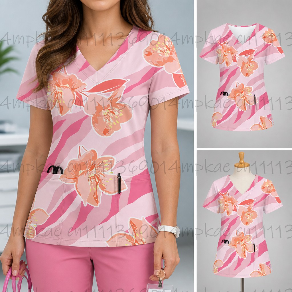 Women'S Work Accessories - เสื้อผ้าทำงานสำหรับผู้หญิง ลายดอกไม้ เสื้อพยาบาลคอวี มีกระเป๋า เสื้อคลุมพยาบาลสำหรับผู้หญิง พร้อมอุปกรณ์เสริม