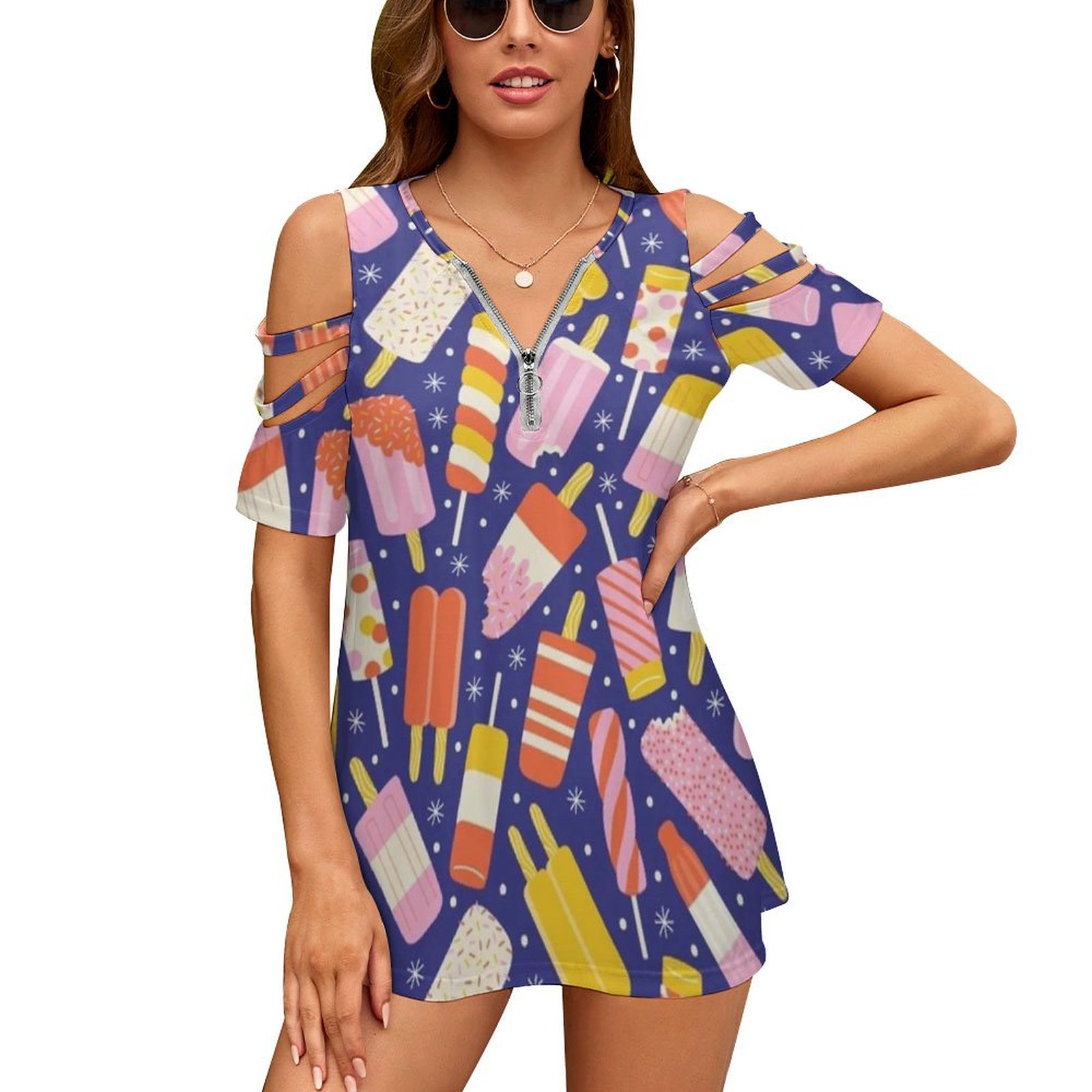 Women Accessories Vector - Popsicles ใหม่แฟชั่น Zip Off ไหล่แขนสั้นผู้หญิงเสื้อรูปแบบเวกเตอร์ Popsicles