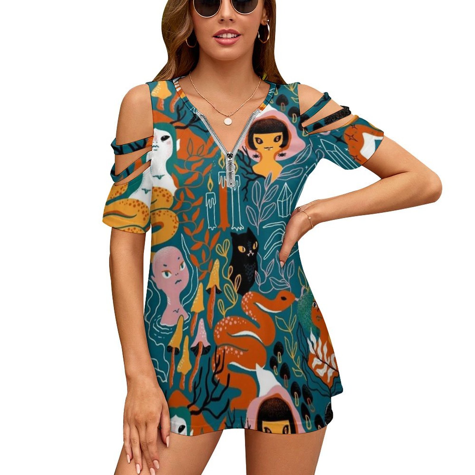 Women Accessories Vector - โคเวน. น้องสาวเวทย์มนตร์แม่มด ใหม่แฟชั่น Zip ปิดไหล่แขนสั้นผู้หญิงเสื้อแม่มดฮาโลวีน Magic
