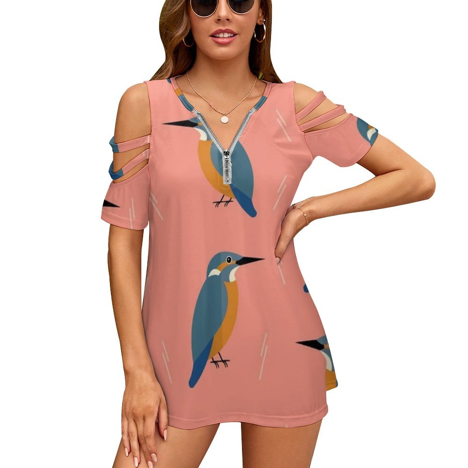Women Accessories Vector - Kingfishers ทุกที่แฟชั่นใหม่ Zip Off ไหล่แขนสั้นผู้หญิงเสื้อออกแบบกราฟิกรูปแบบเวกเตอร์ Kingfisher