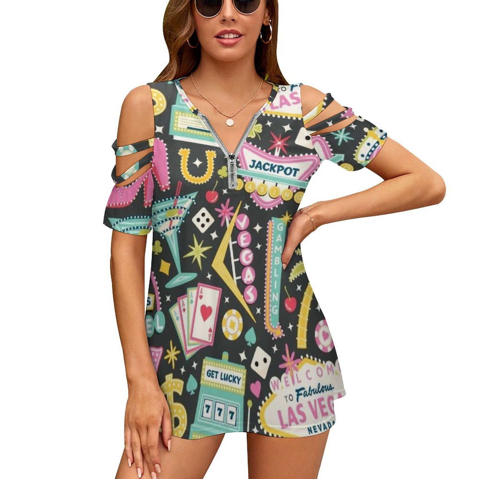 Women Accessories Vector - Viva Las Vegas เสื้อยืดผู้หญิงแฟชั่นฤดูร้อนพิมพ์ดอกไม้ V คอซิป
